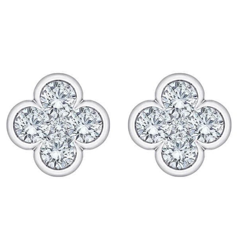 1/2Ct Diamond Bezel Clover Flower Earrings with Flat Back